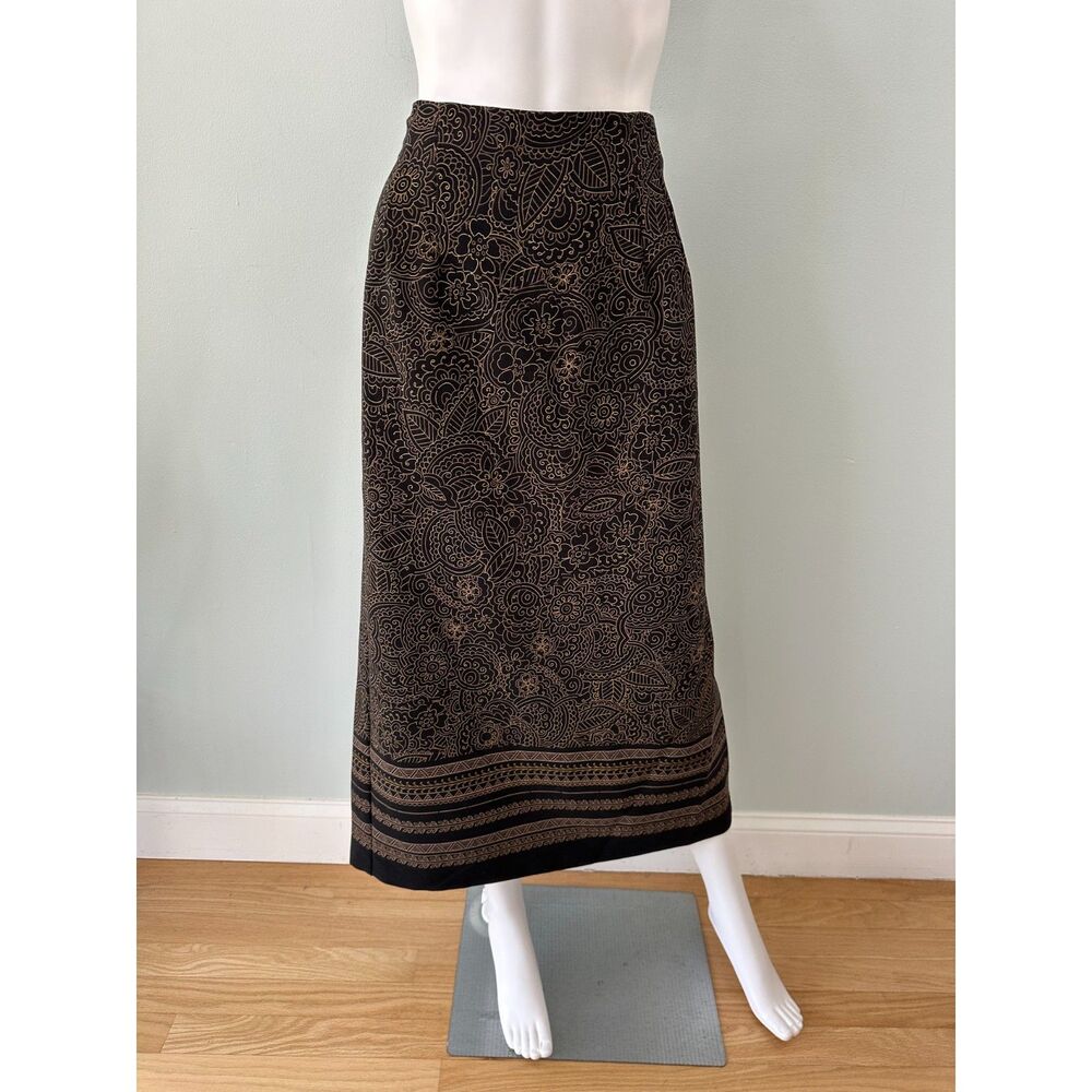 Vintage Black Floral Brown Tan Paisley Midi Skirt High Waist Boho A Line size 12